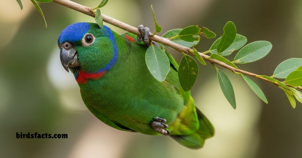 Blue Crowned Hanging Parrot Perched On Branch Showing Green Body And Blue Crown.