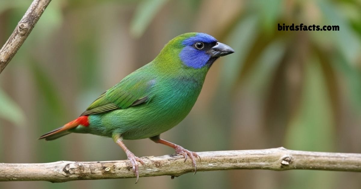 Blue Faced Parrotfinch Perched On Branch Showing Green Body And Blue Face.