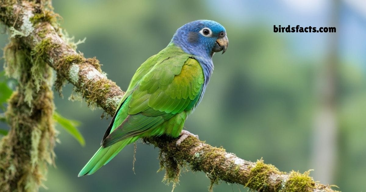 Blue Headed Parrot Perched On Branch Showing Green Body And Blue Head.