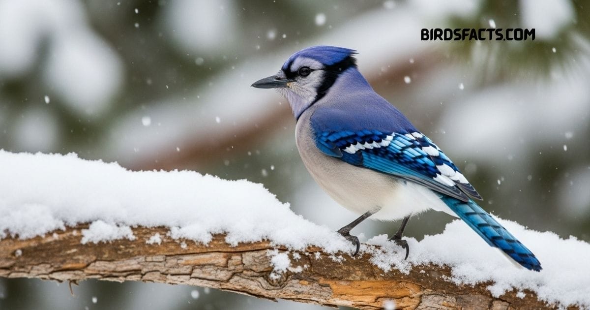 Blue Jay with bright blue wings and crest perched on a branch