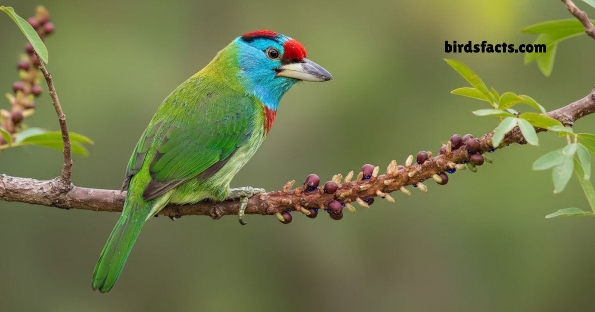 Blue Throated Barbet Perched On Branch Showing Green Body And Blue Throat.