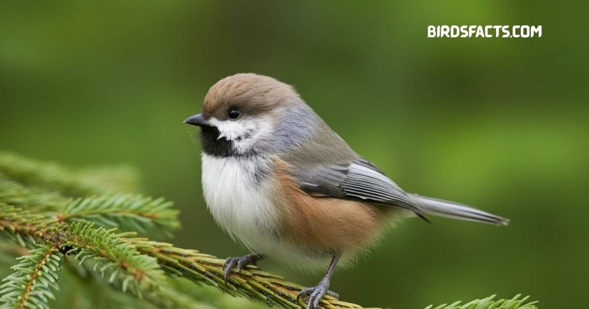 Boreal Chickadee with brown cap and gray wings perched on a branch