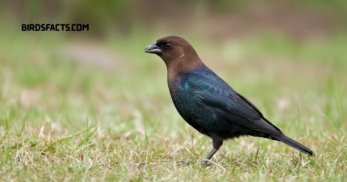 Brown-headed Cowbird with glossy black body and brown head perched on a branch