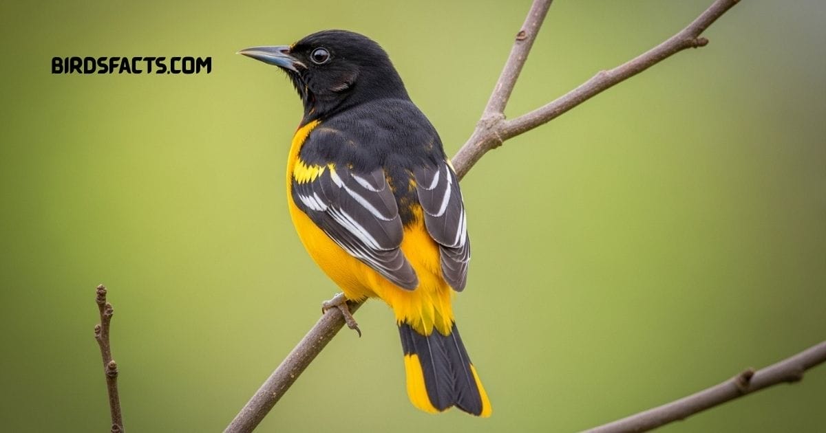 Bullock’s Oriole with bright orange body and black crown perched on a branch