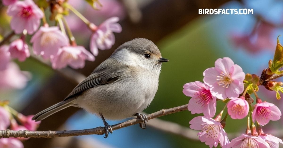 Bushtit with soft gray plumage perched on a thin branch