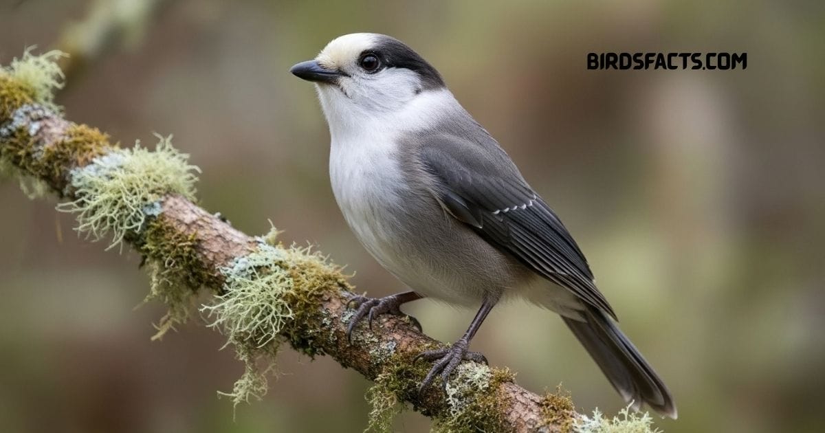 Canada Jay with gray body and pale face perched on a branch