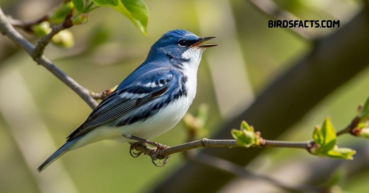 Cerulean Warbler with sky-blue back and white underside perched on a branch
