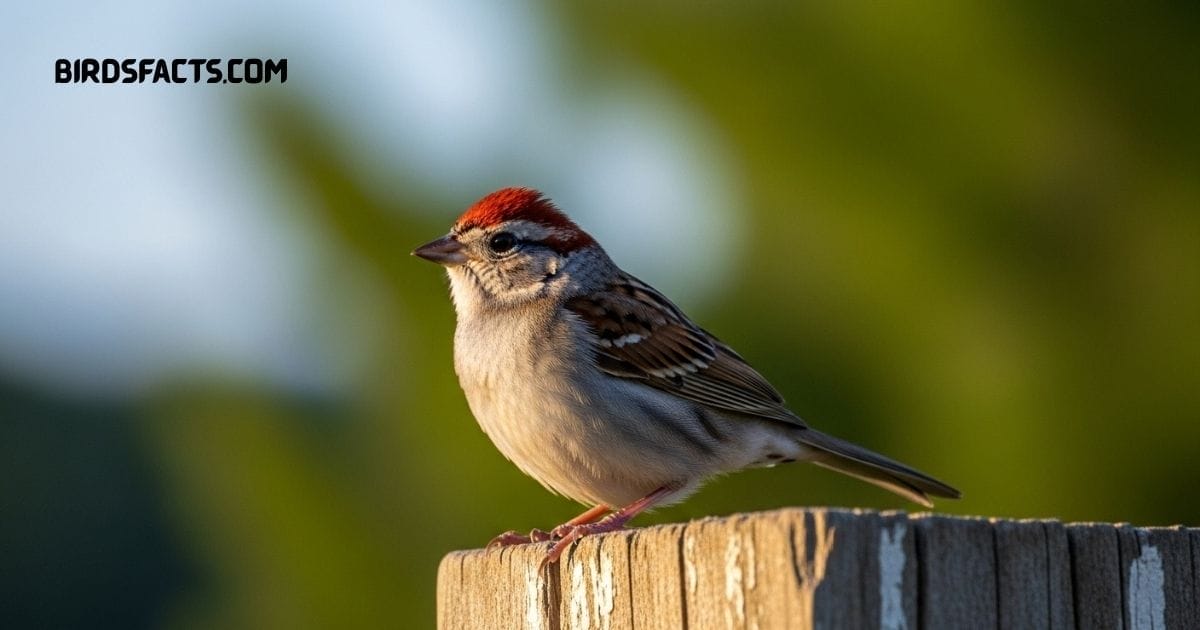 Chipping Sparrow with rusty crown and gray underside perched on a branch Chipping Sparrow with rusty crown and gray underside perched on a branch