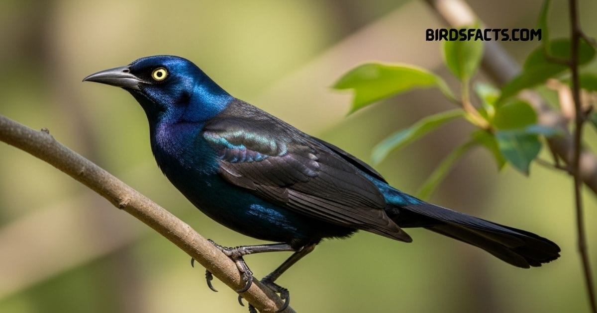Common Grackle with iridescent black plumage and yellow eyes perched on a branch