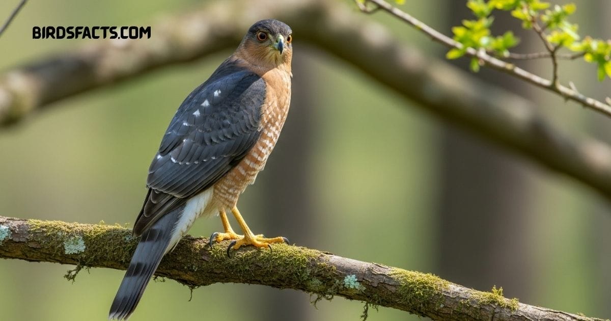 Cooper’s Hawk with sharp eyes and barred chest perched on a branch