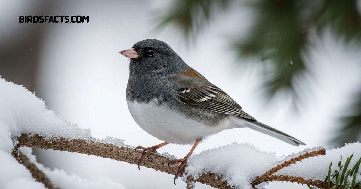 Dark-eyed Junco with slate-gray body and white belly perched on a branch