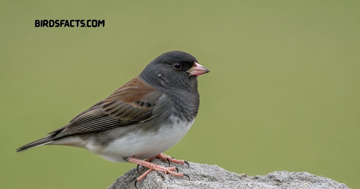 Dark-eyed Junco with slate-gray body and white belly perched on a branch