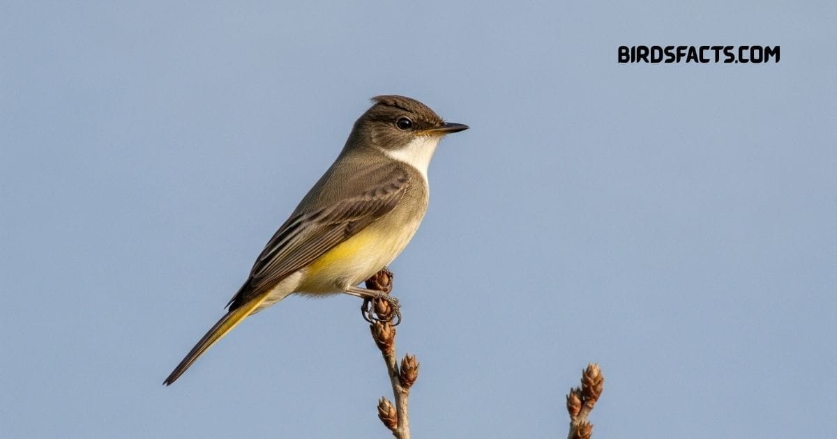 Eastern Phoebe with gray-brown plumage and pale belly perched on a branch