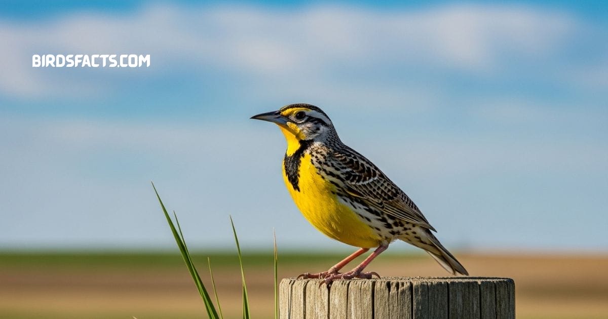 Eastern Meadowlark Standing On Grass Showing Bright Yellow Chest And Markings.