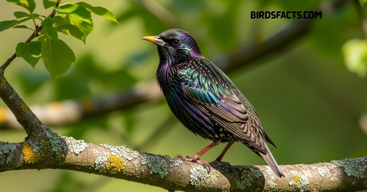 European Starling with iridescent black plumage and yellow bill perched on a branch