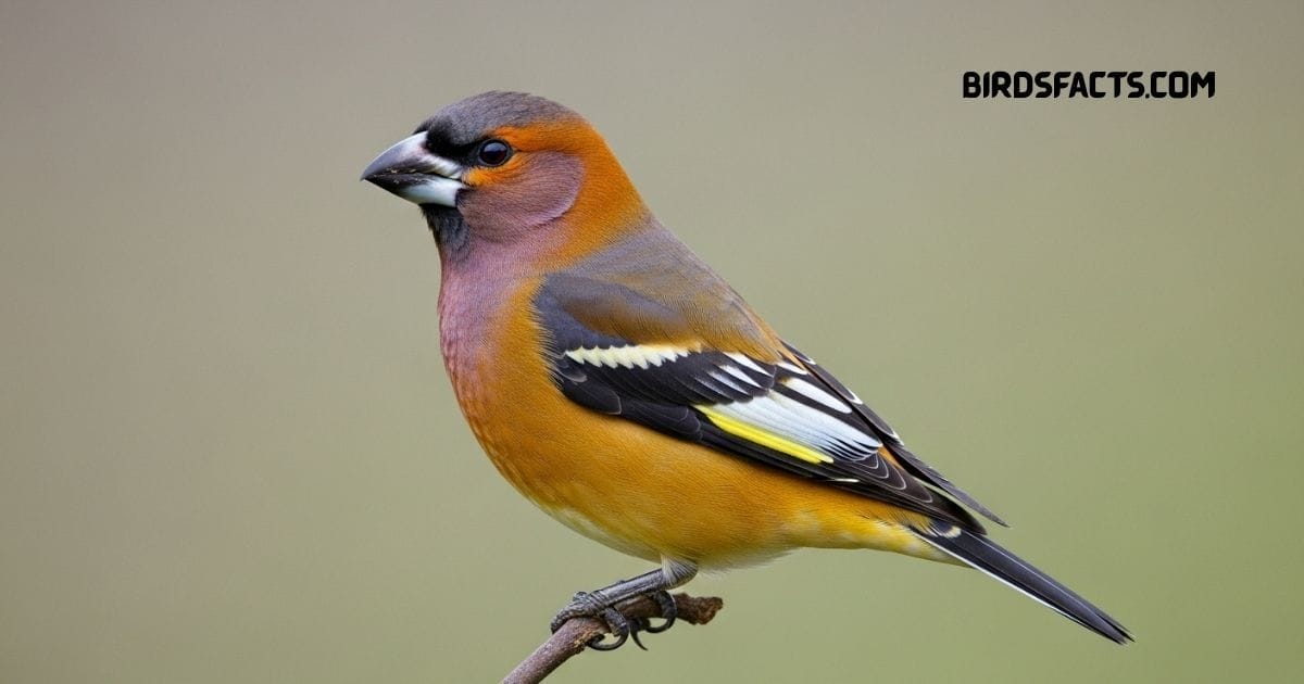 Evening Grosbeak with yellow body and black wings perched on a branch