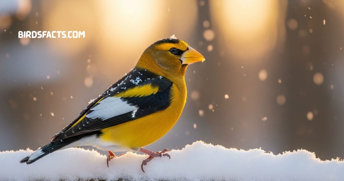 Evening Grosbeak Perched On Branch Showing Yellow Black Wings And Beak.