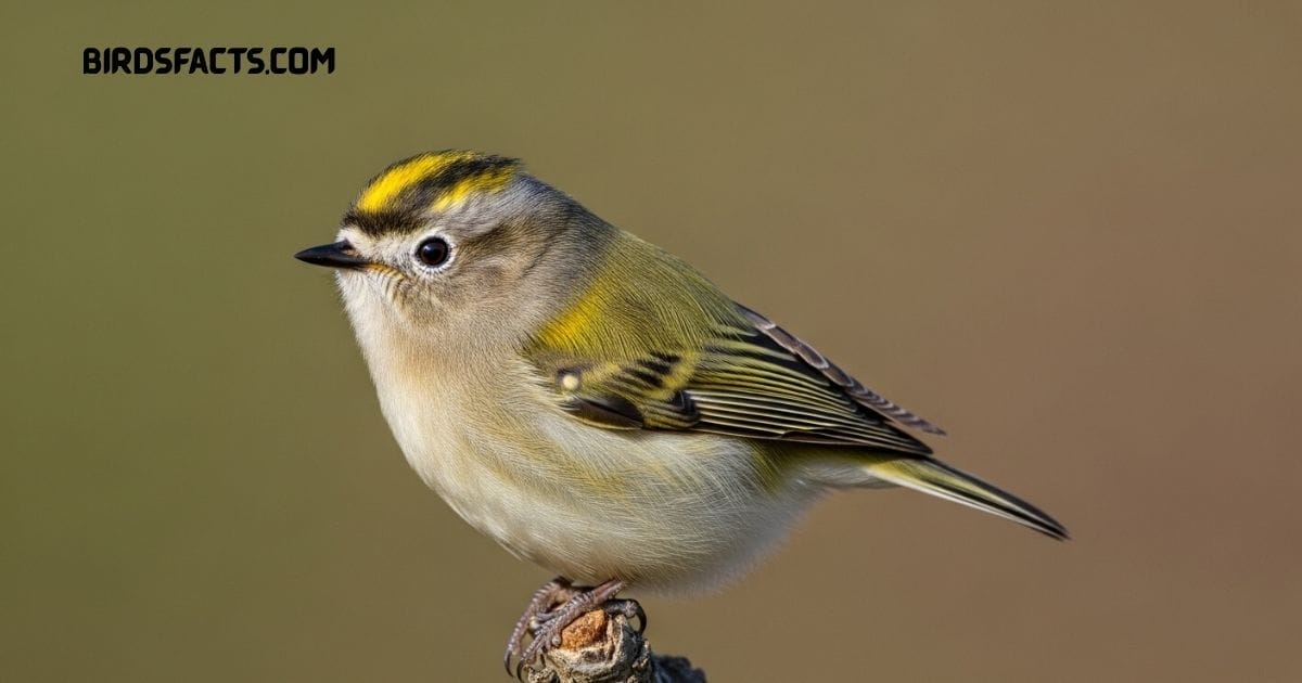 Golden-crowned Kinglet with olive-green body and bright yellow crown stripe perched on a branch Golden-crowned Kinglet with olive-green body and bright yellow crown stripe perched on a branch