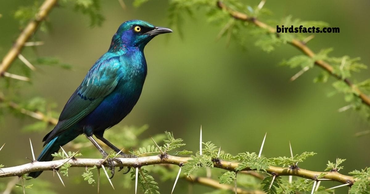 Greater Blue Eared Starling Standing On Ground With Shiny Blue Green Feathers.
