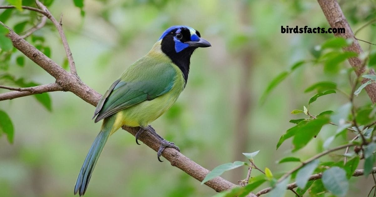 Green Jay Sitting On A Tree Branch With Bright Green Back Blue Head And Black Face