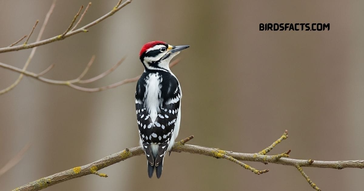 Hairy Woodpecker with black-and-white plumage perched on a tree trunk