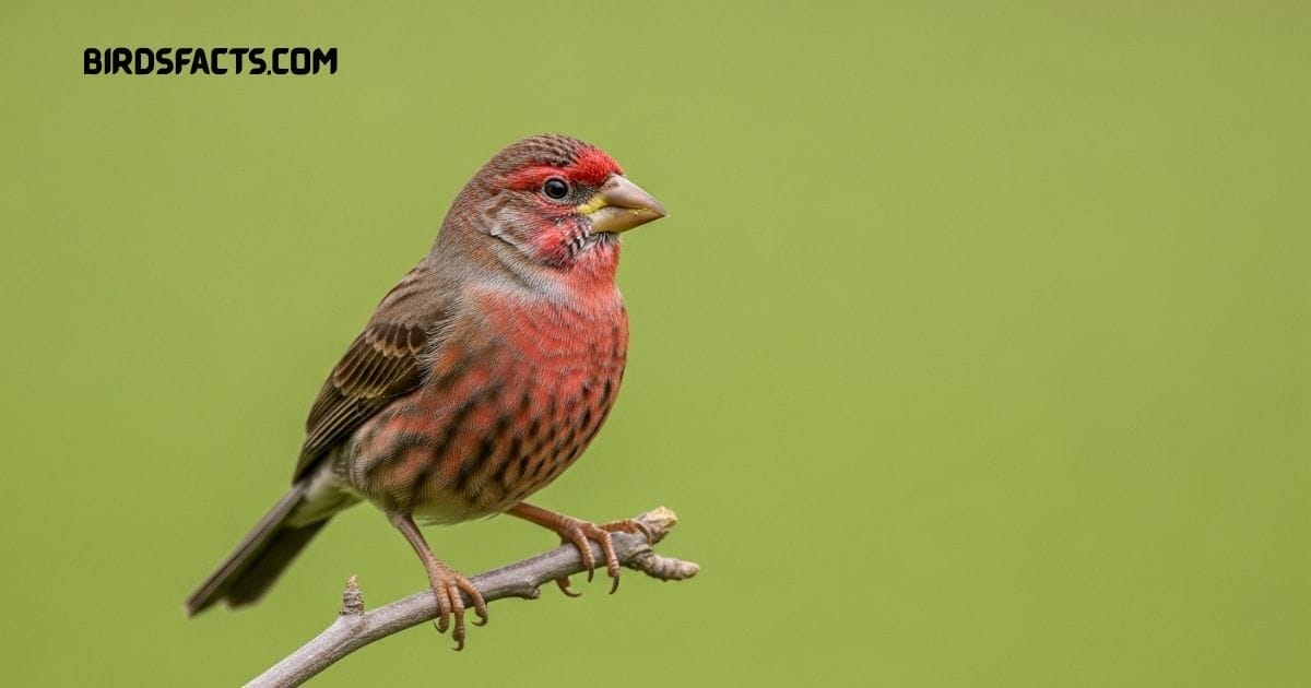House Finch with brown streaked body and red head perched on a branch