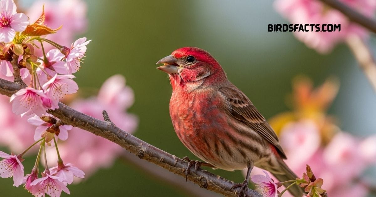 House Finch with streaked brown body and red head perched on a branch