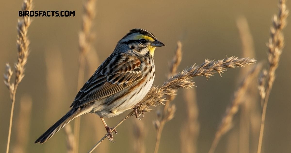 LeConte’s Sparrow with orange face and streaked brown back perched on grass stem