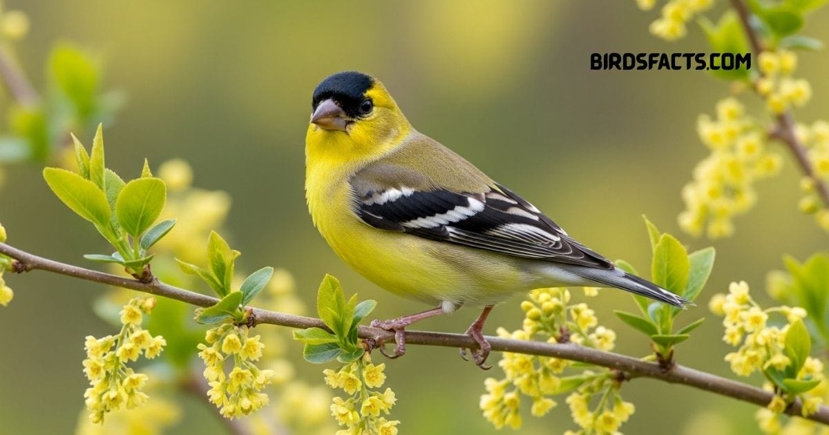 Lesser Goldfinch with yellow underside and black cap perched on a branch