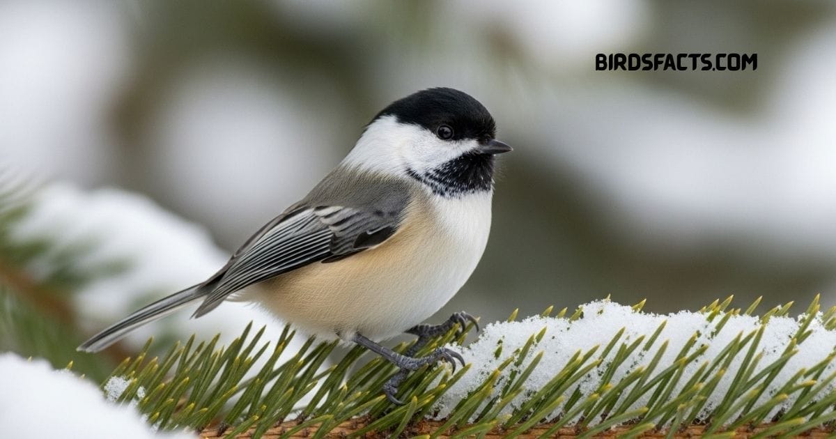 Mountain Chickadee with black cap, white eyebrow stripe, and gray body perched on a branch