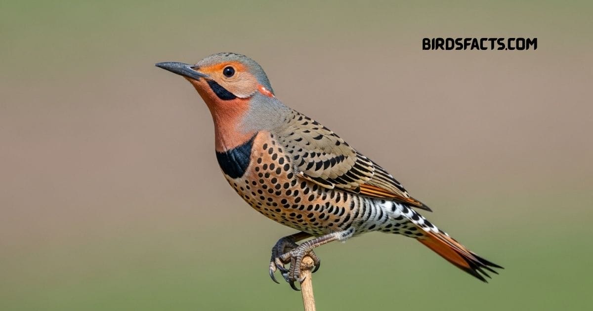 Northern Flicker woodpecker with brown spotted plumage and black bib perched on a tree