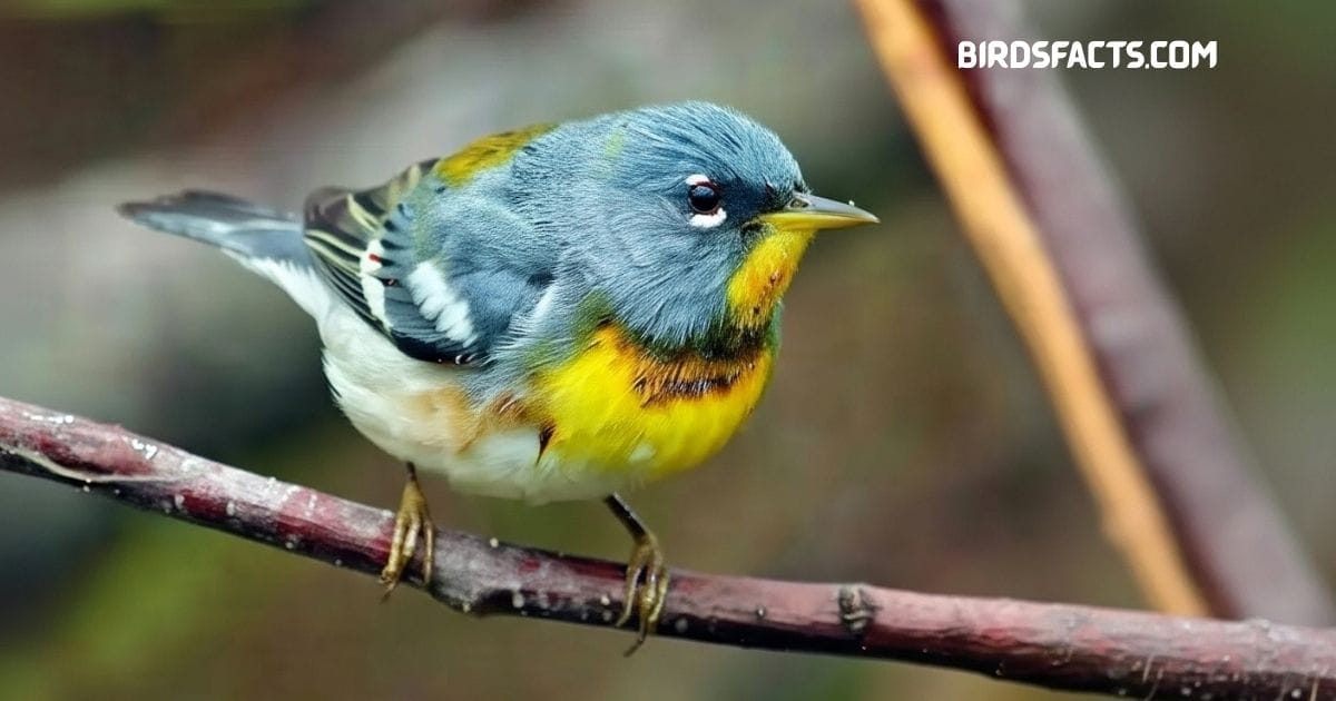 Northern Parula warbler with bluish-gray back and yellow throat perched on a branch