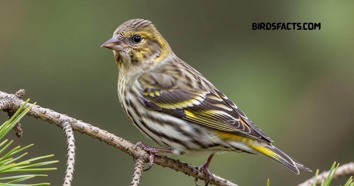Pine Siskin with streaked brown body and yellow wing edges perched on a branch