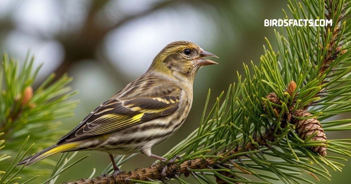 Pine Siskin with streaked brown body and yellow wing edges perched on a branch
