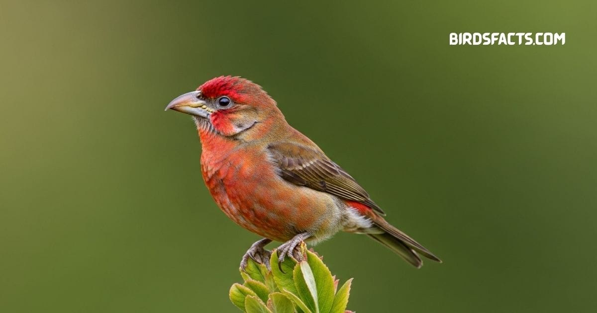 Red Crossbill with crossed bill tips and reddish plumage perched on a pine branch