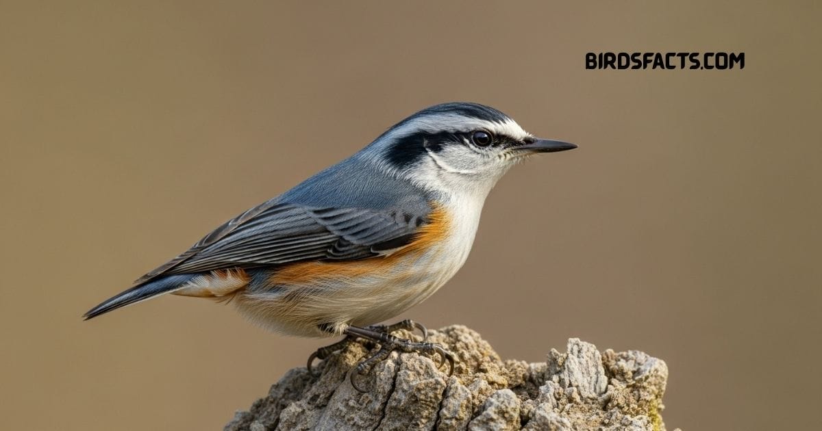 Red-breasted Nuthatch with blue-gray back and rusty-orange chest perched on a tree trunk