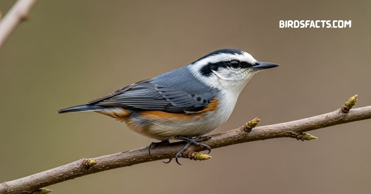 Red-breasted Nuthatch with blue-gray back and rusty-orange chest perched on a tree trunk