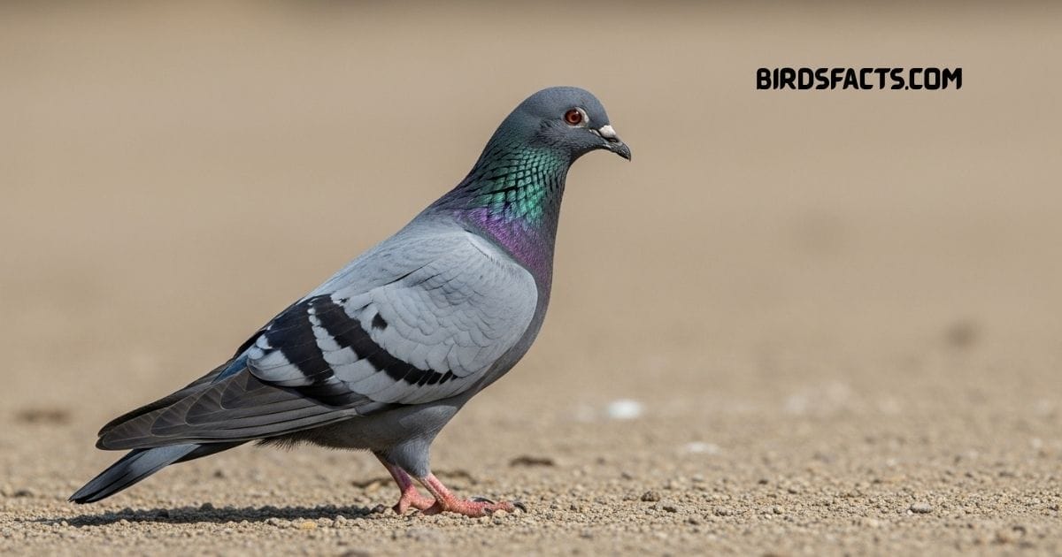 Rock Pigeon with gray body and iridescent neck feathers perched on a ledge