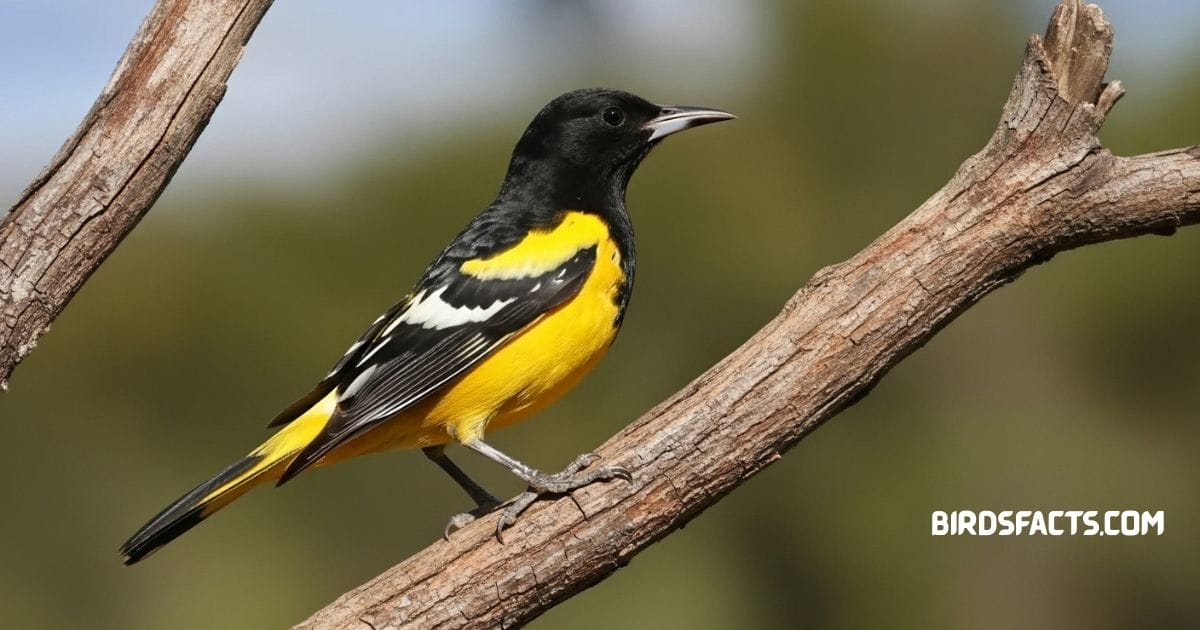Scotts Oriole Perched On Branch Showing Bright Yellow Body And Black Head.