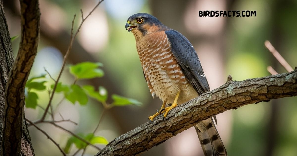 Sharp-shinned Hawk with slate-gray back and orange-barred chest perched on a branch