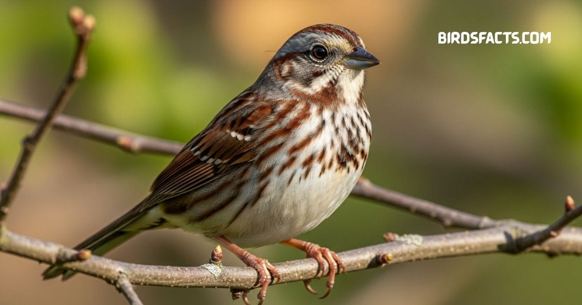 Song Sparrow with streaked brown plumage and central breast spot perched on a branch