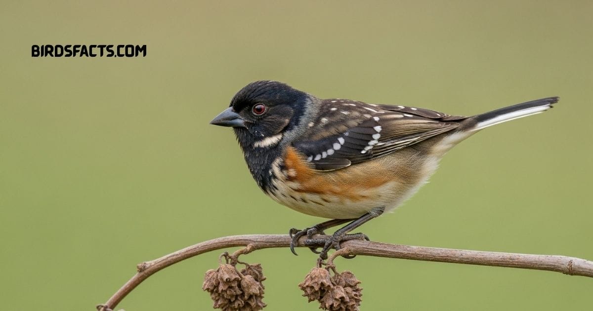 Spotted Towhee with black head, rufous sides, and white spots perched on a branch