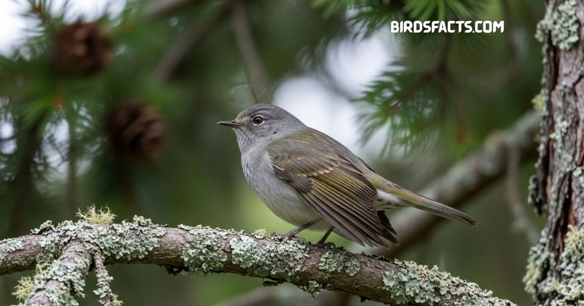 Townsend’s Solitaire with gray plumage and white eye ring perched on a branch