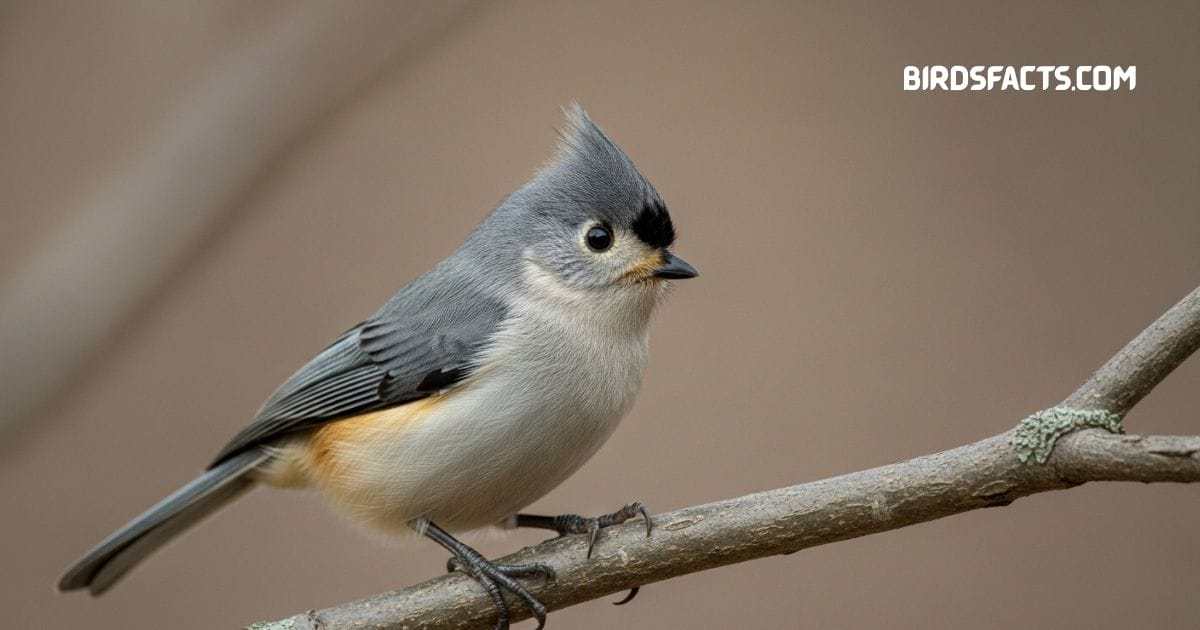 Tufted Titmouse with gray back, white underside, and small crest perched on a branch