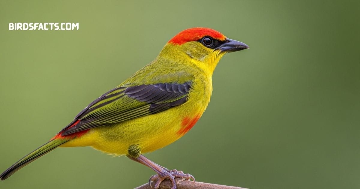 Western Tanager Perched On Branch Showing Bright Yellow Body And Red Head.