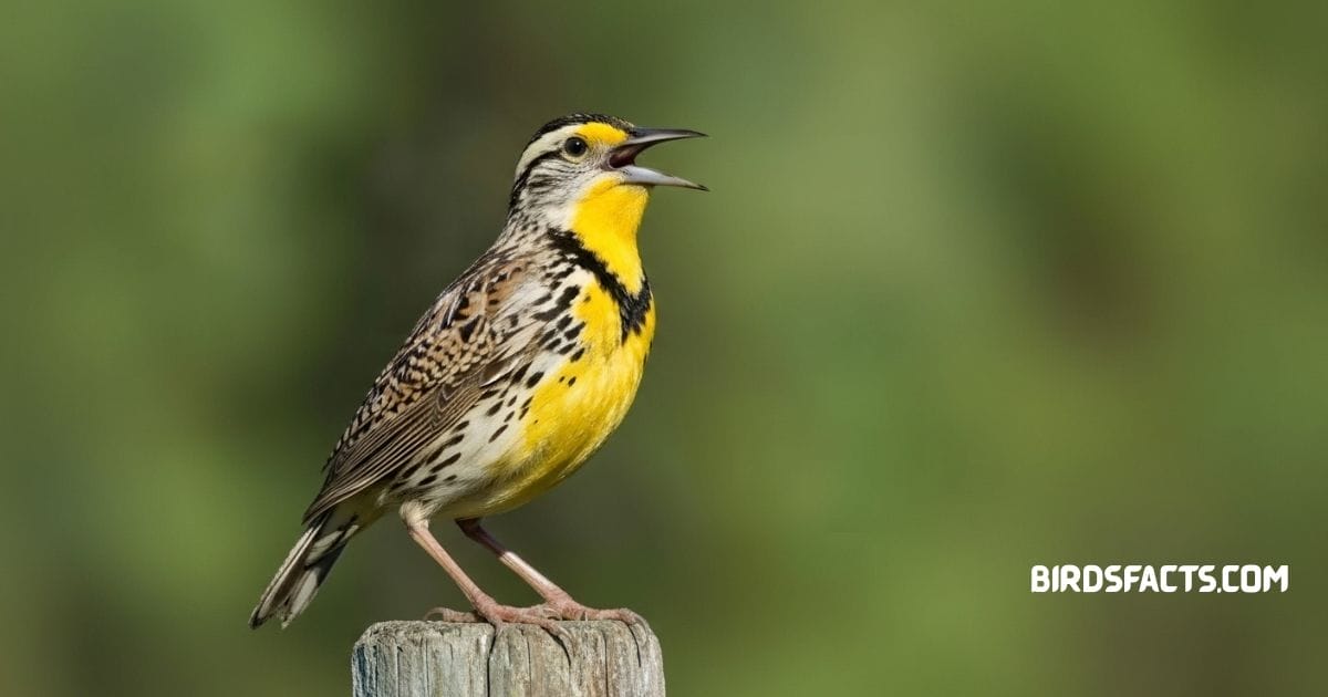 Western Meadowlark Standing On Grass Showing Bright Yellow Chest With Black Markings.