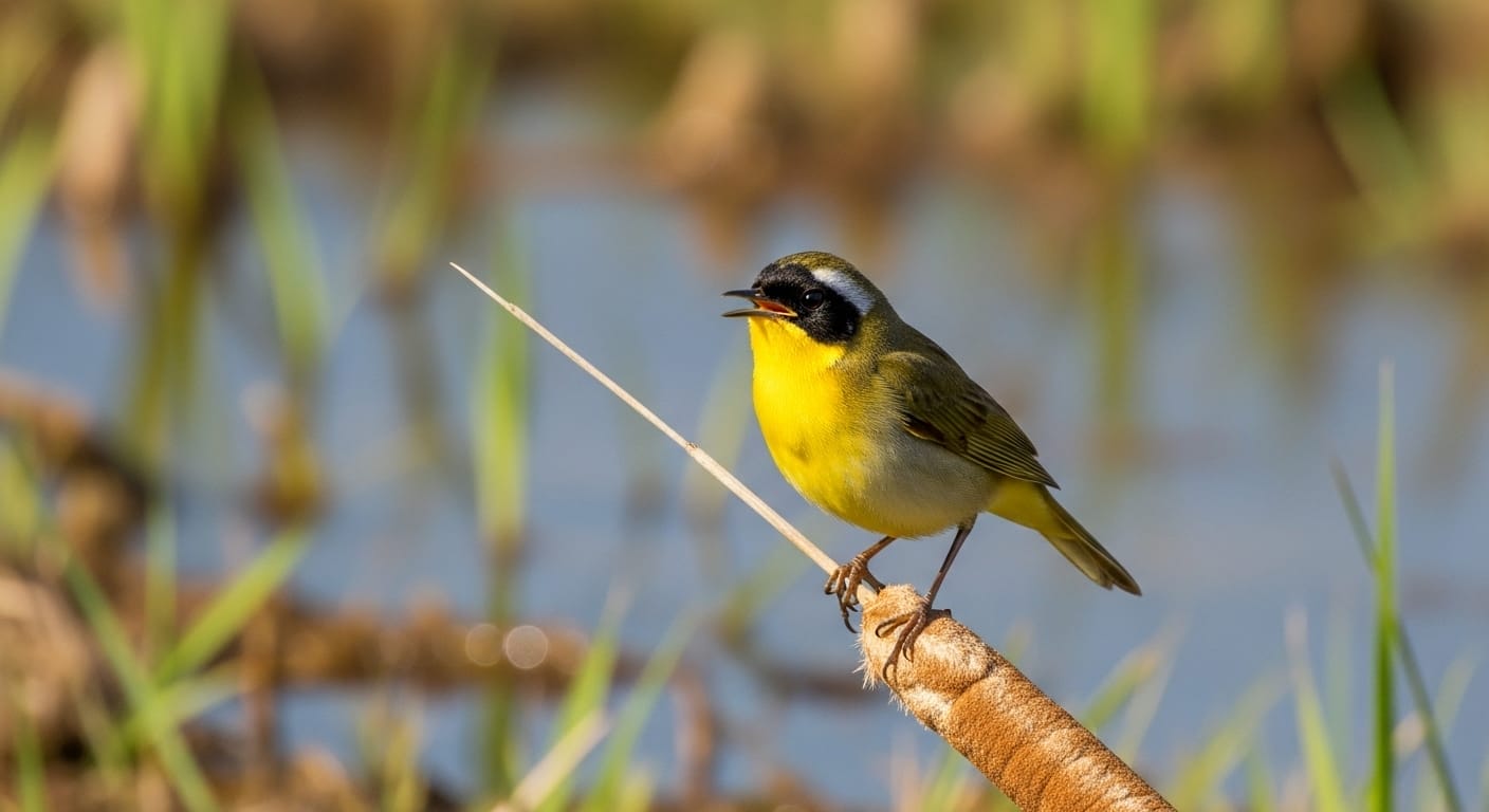 Common Yellowthroat with bright yellow throat and olive-green back perched on a branch