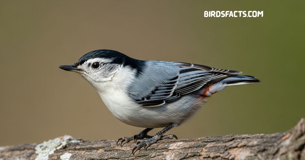 White-breasted Nuthatch with blue-gray back and white face perched on a tree trunk