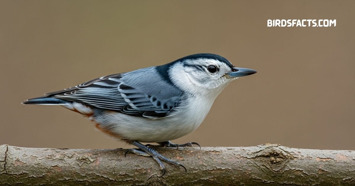 White-breasted Nuthatch with blue-gray back and white face perched on a tree trunk