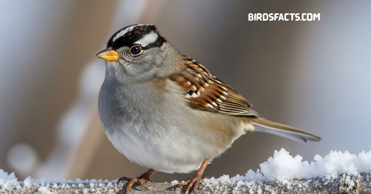 White-crowned Sparrow with bold black-and-white striped head perched on a branch